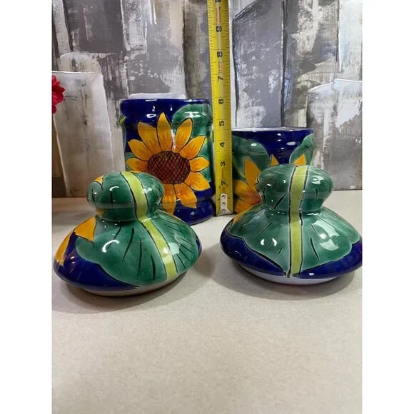Mexican Blue Talavera Pottery Canister Set of 2 Sunflower w/ Lids - Picture 7 of 16
